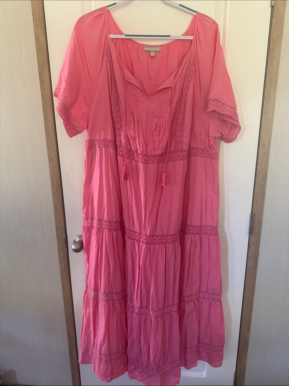 Woman Within Pink Tiered Lace-Trim Maxi Dress